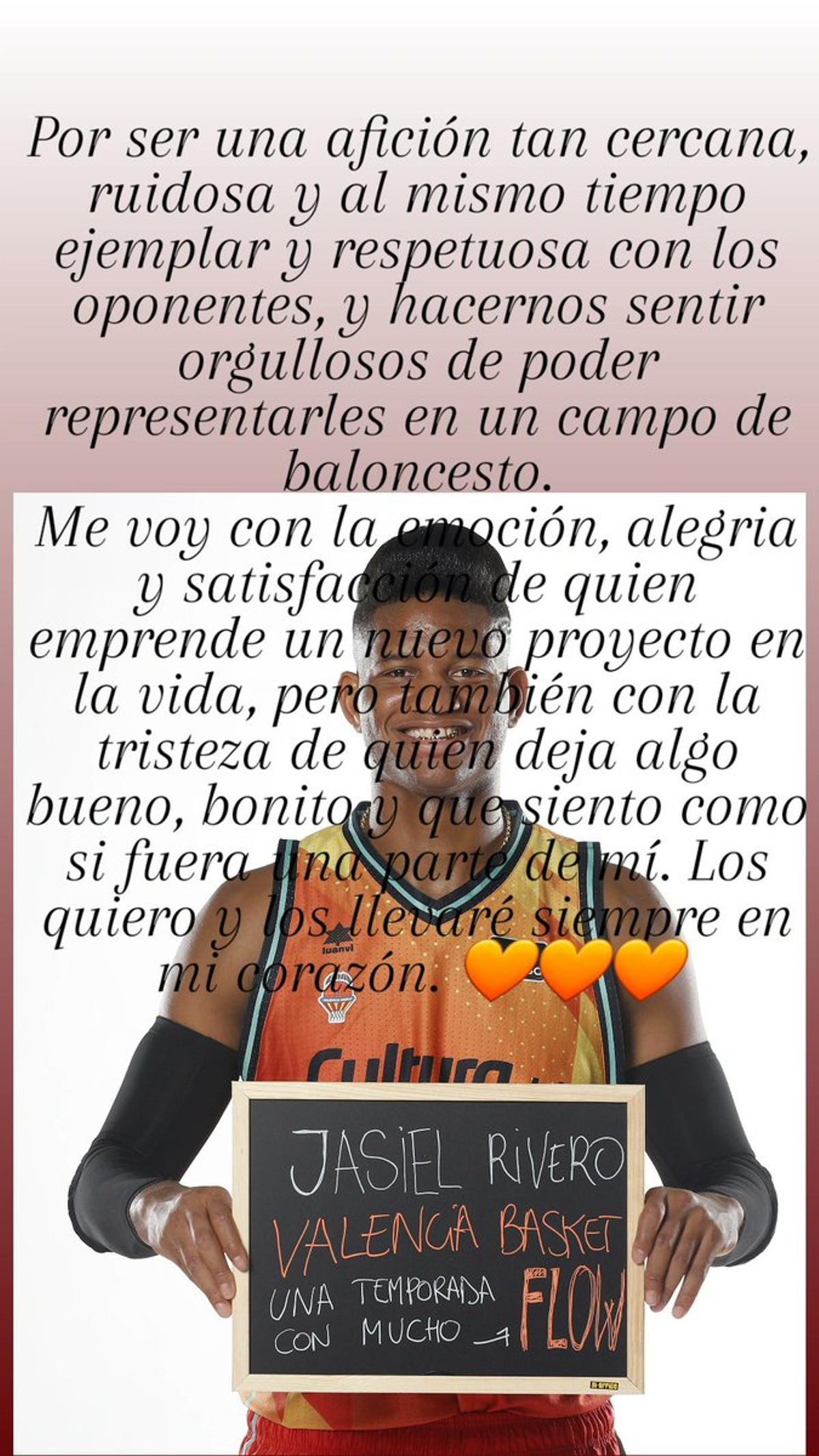 Jasiel Rivero se despide del Valencia Basket