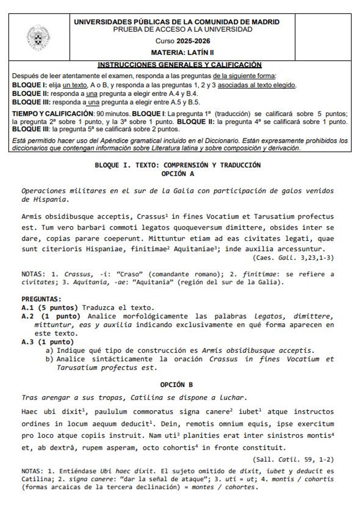 Examen de Latín de la PAU extraordinaria de Madrid