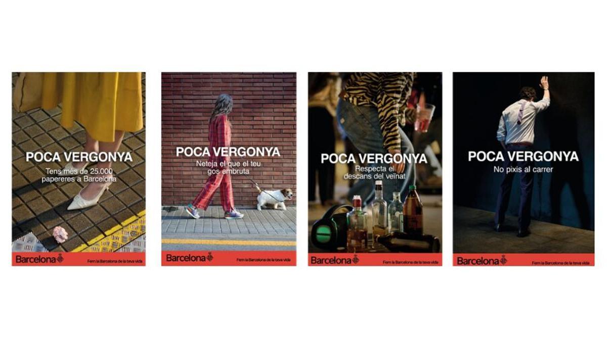 Carteles con el lema “Amb Poca Vergonya” recuerdan que cuidar el espacio público es una responsabilidad compartida entre vecinos, administración y visitantes.
