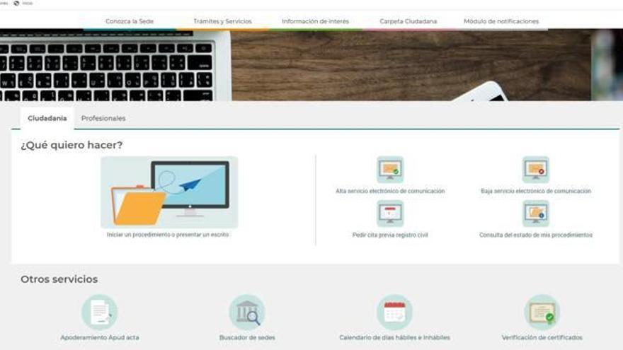 Pantallazo de la página principal de la nueva sede judicial electrónica puesta en marcha para ciudadanos y profesionales.