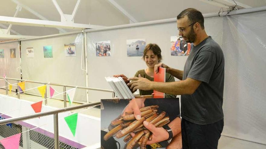 La edil Ánxela Vizoso prepara la exposición de fotos en la plaza de abastos. // G.N.