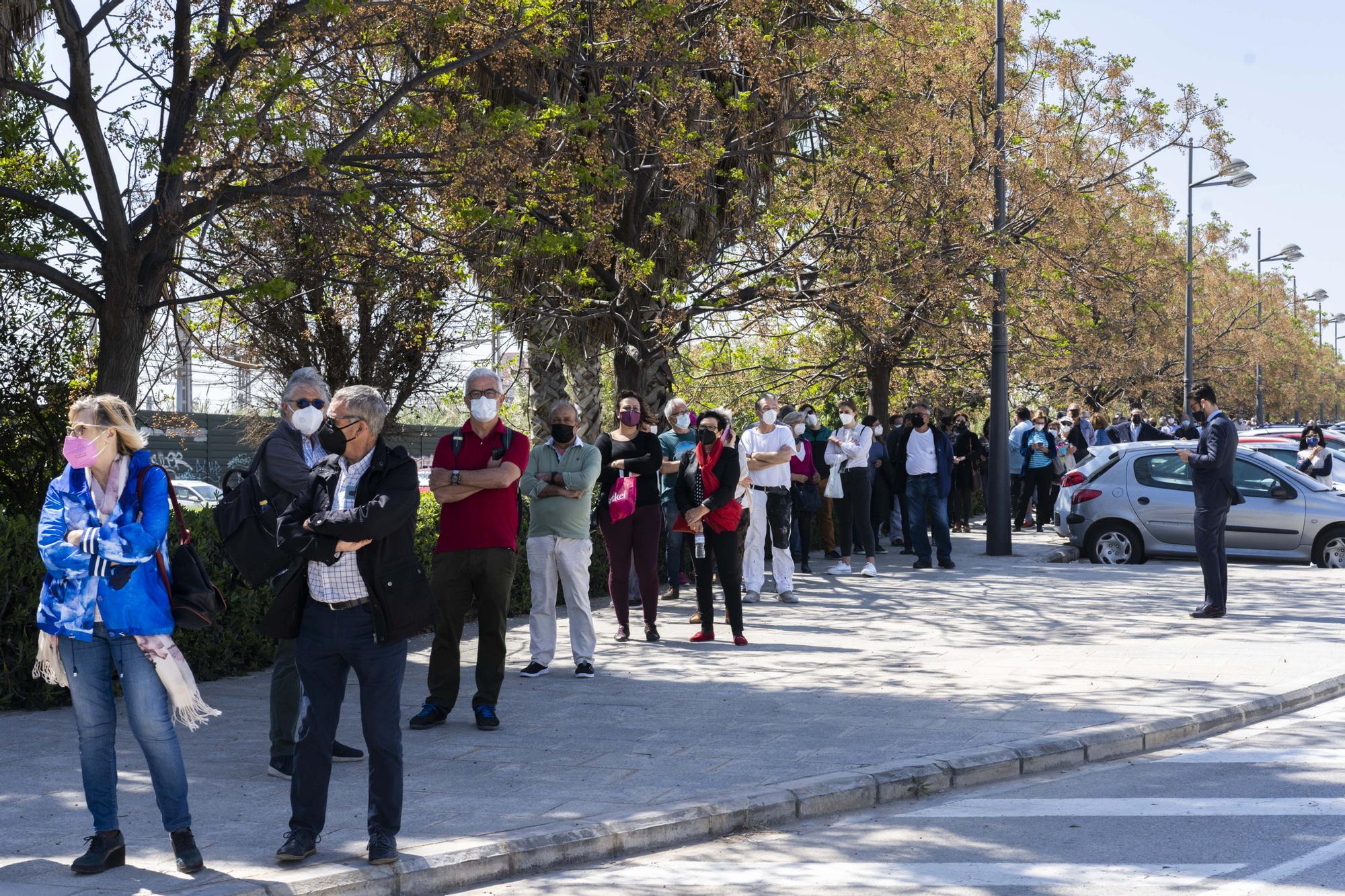 Largas colas al sol para vacunarse contra la COVID-19 en el hospital de campaña de La Fe