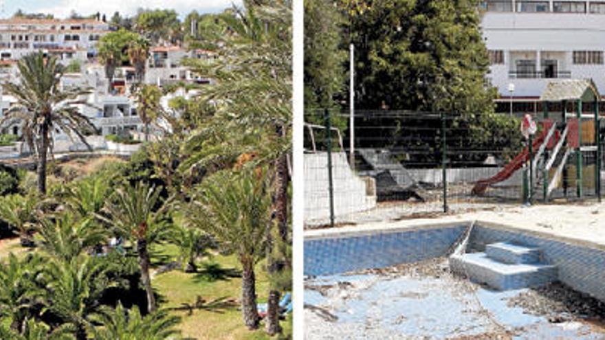 Die zwei Seiten von Cales de Mallorca: Hier eine gepflegte Hotelanlage, dort ein vergammelndes Schwimmbad