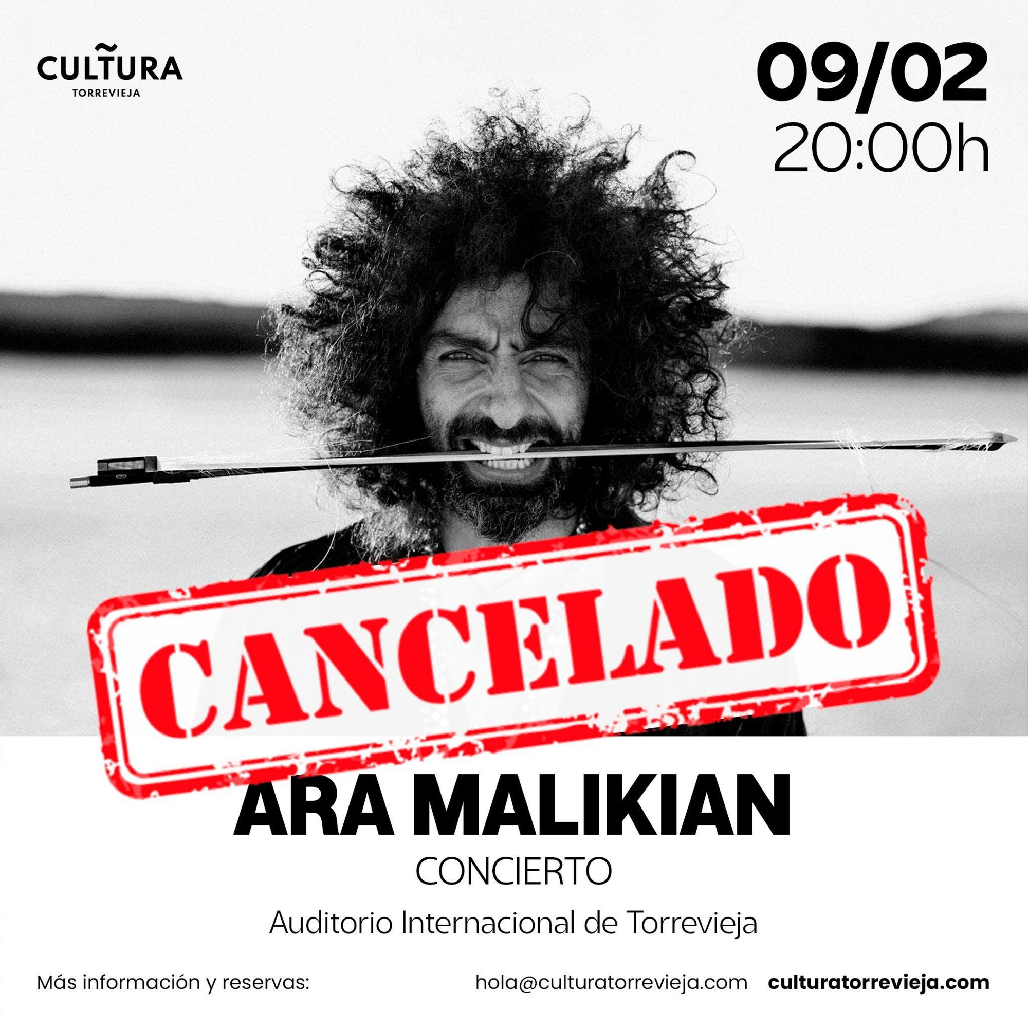 Cancelado el concierto de Ara Malikian previsto para el 9 de febrero.