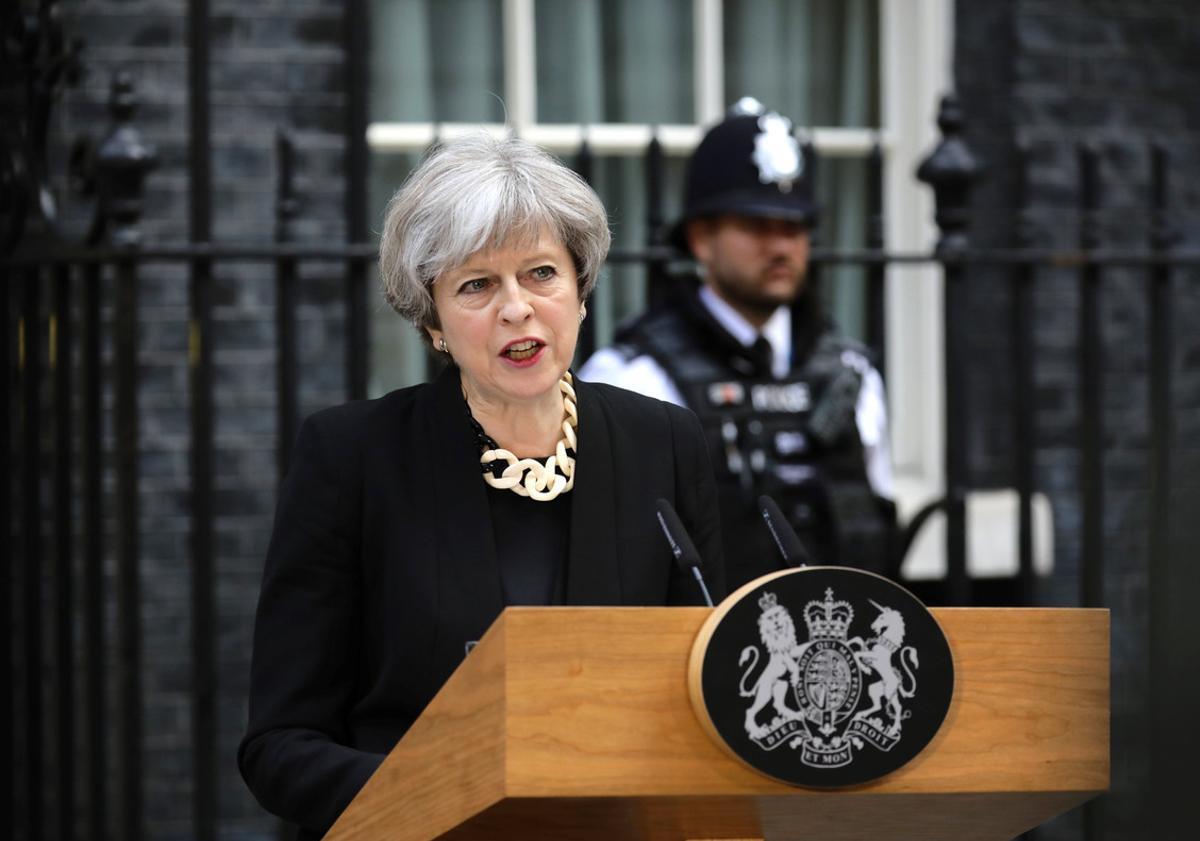 Britain’s Prime Minister Theresa May speaks outside 10 Downing Street after an attack on London Bridge and Borough Market left 7 people dead and dozens injured in London, Britain, June 4, 2017. REUTERS/Kevin Coombs