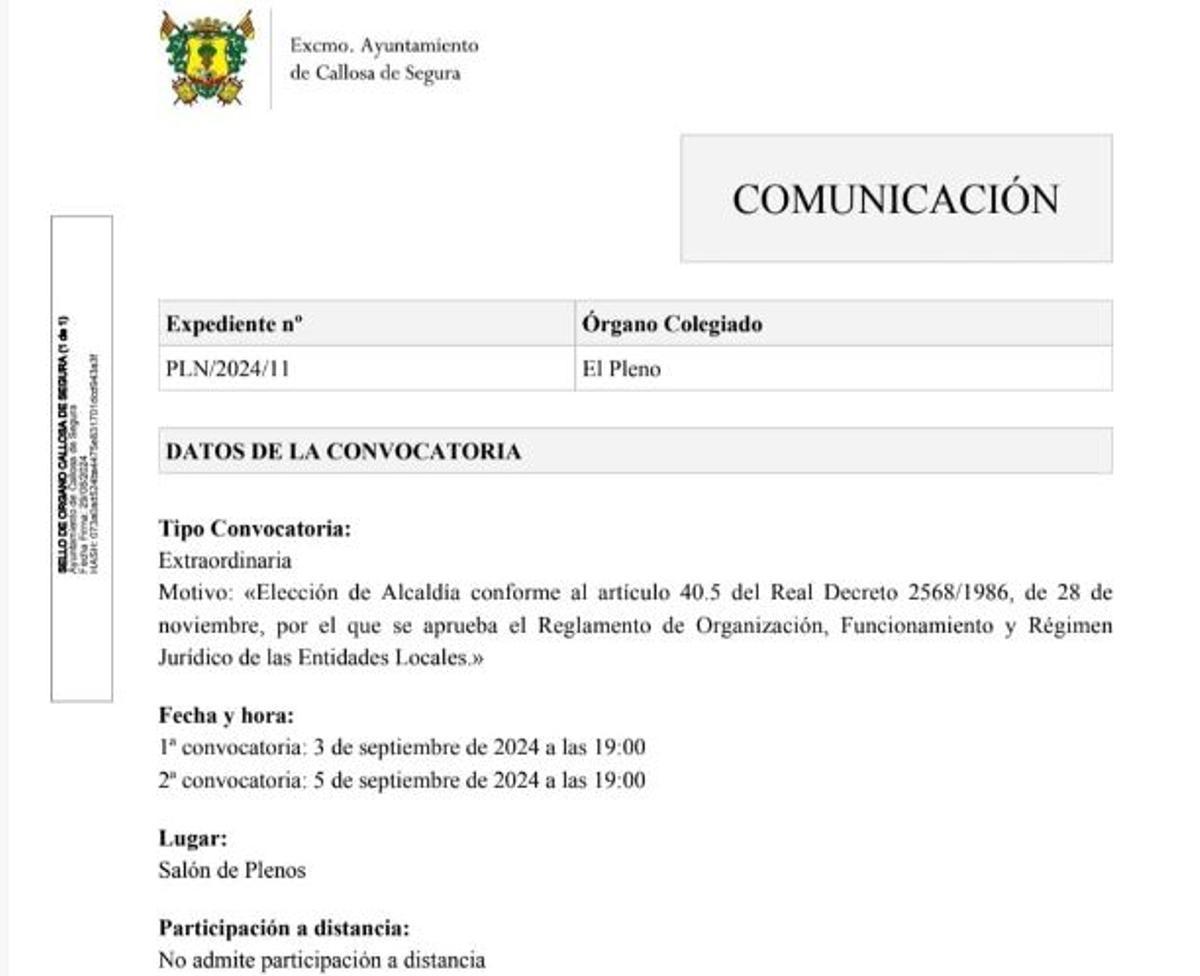 Convocatoria del pleno de investudura de nuevo alcalde