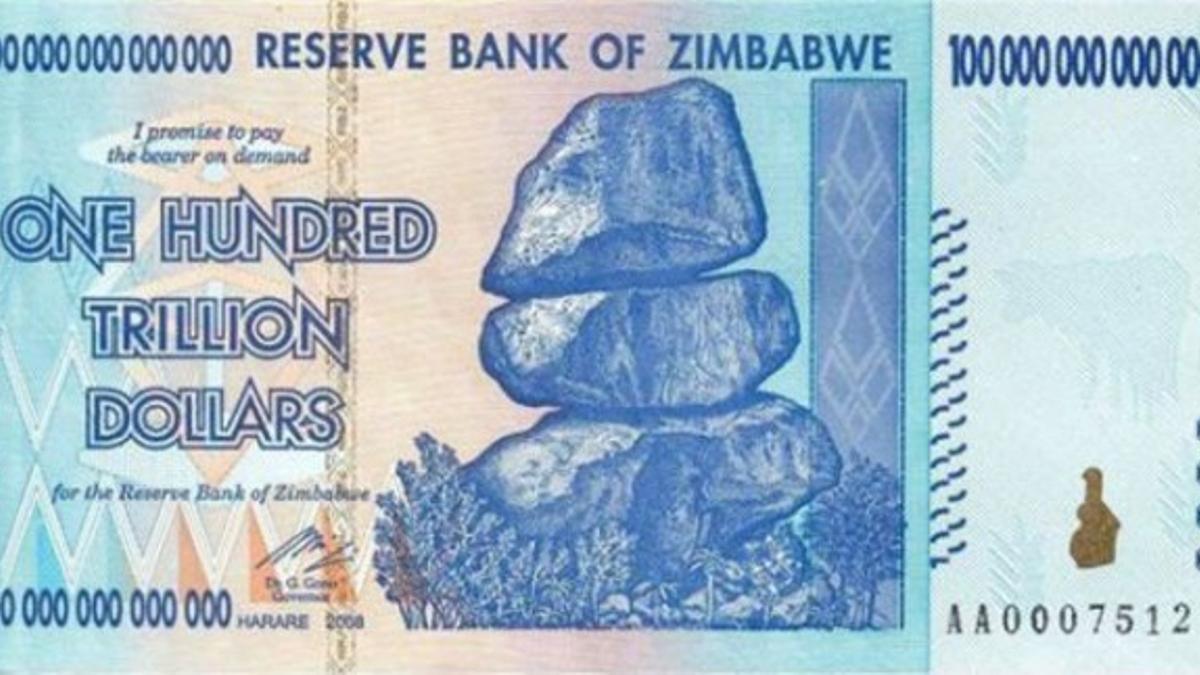 Billete de 100 trillones de dólares de Zimbabue.