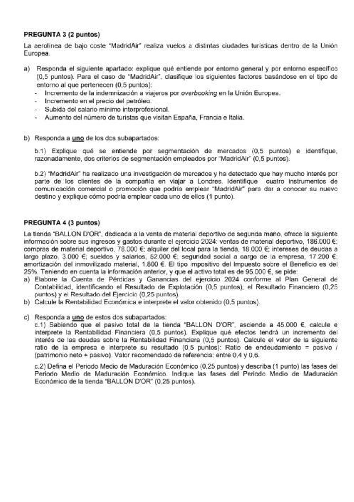 Examen de la PAU de la asignatura Empresa y Diseño de Modelos de Negocio, en Madrid