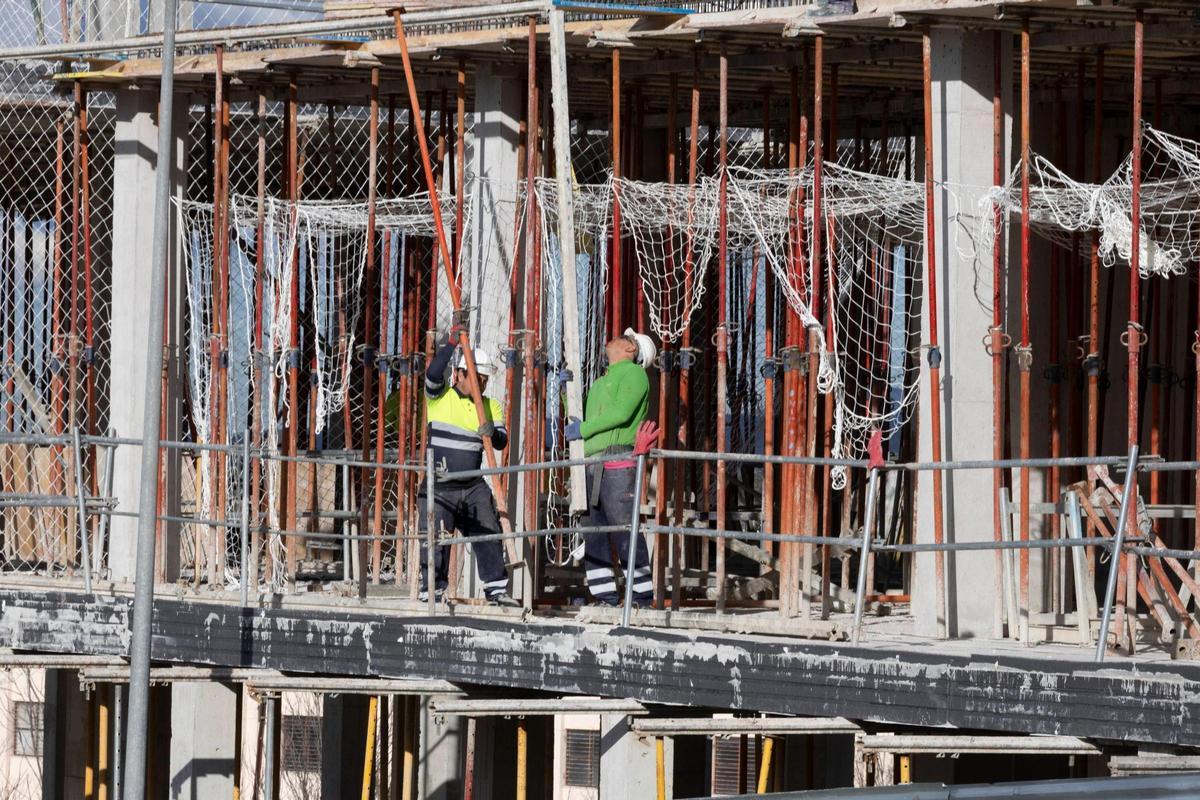Dos obreros en una promoción de pisos que se están construyendo en el Pla de la Mesquita.