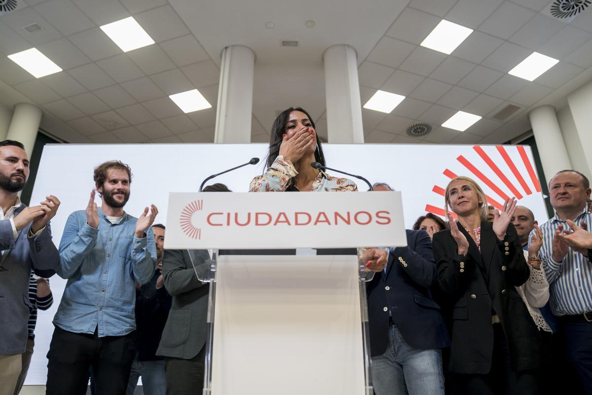 La candidata de Ciudadanos a la Alcaldía de Madrid, Begoña Villacís, comparece en una rueda de prensa durante  el seguimiento de la jornada electoral en la sede nacional de Ciudadanos, a 28 de mayo de 2023, en Madrid (España).