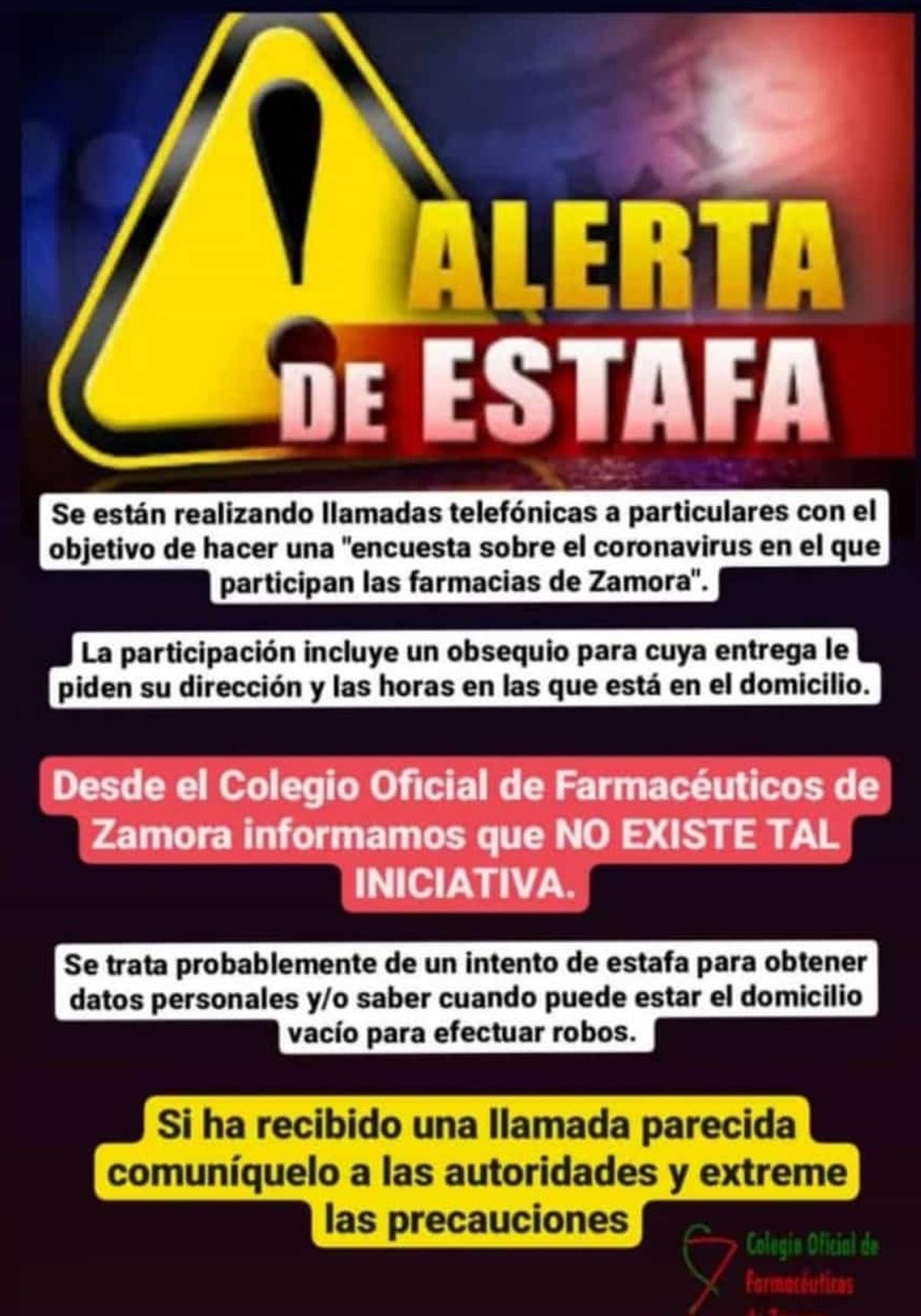 Alerta del Colegio de Farmacéuticos de Zamora para advertir de una posible estafa.