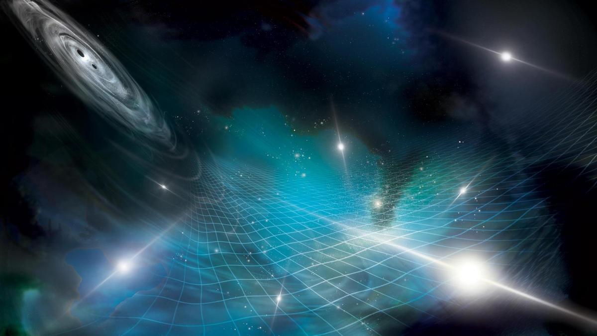Creación artística de dos agujeros negros supermasivos (arriba a la izquierda) emitiendo ondas gravitacionales que ondulan a través del tejido del espacio-tiempo.