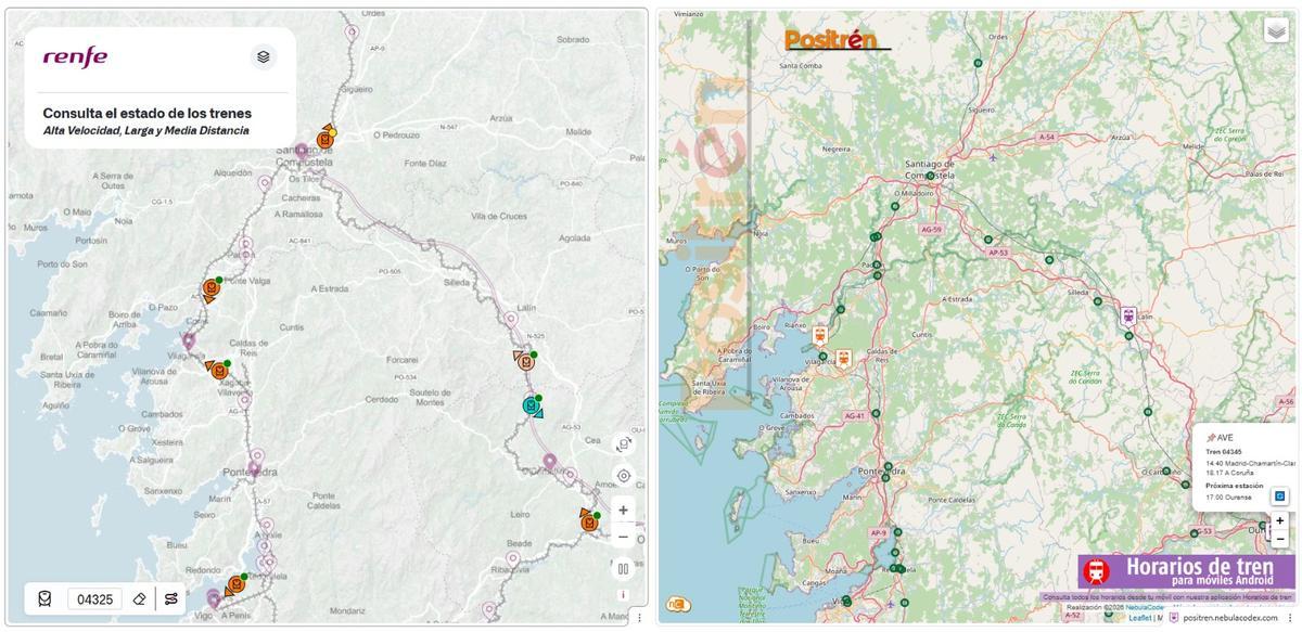 Diferencias de posición de los trenes entre la web de Renfe, con ubicación por satélite, y Positrén, donde no se ven los retrasso