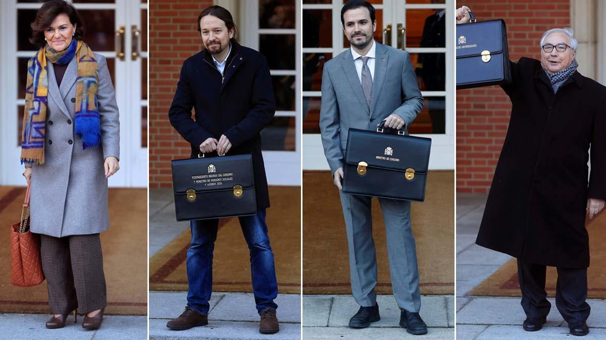 Carmen Calvo, Pablo Iglesias, Alberto Garzón y Manuel Castells llegan al primer Consejo de Ministros de la legislatura.