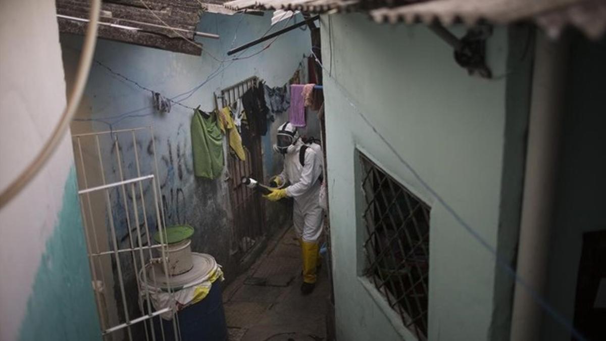 Un trabajador municipal fumiga para acabar con el virus de zika en un barrio de Recife (Brasil).