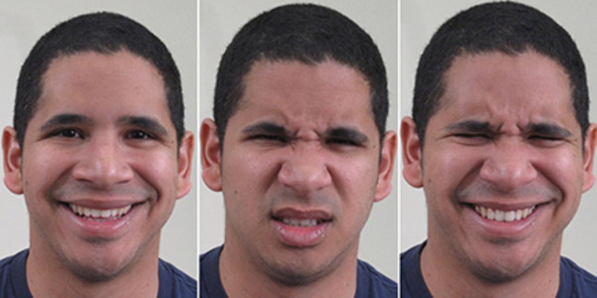 Tres expressions d’un dels participants en l’estudi: feliç, disgustat i feliçment disgustat. Tres expressions d’un dels participants en l’estudi: feliç, disgustat i feliçment disgustat.