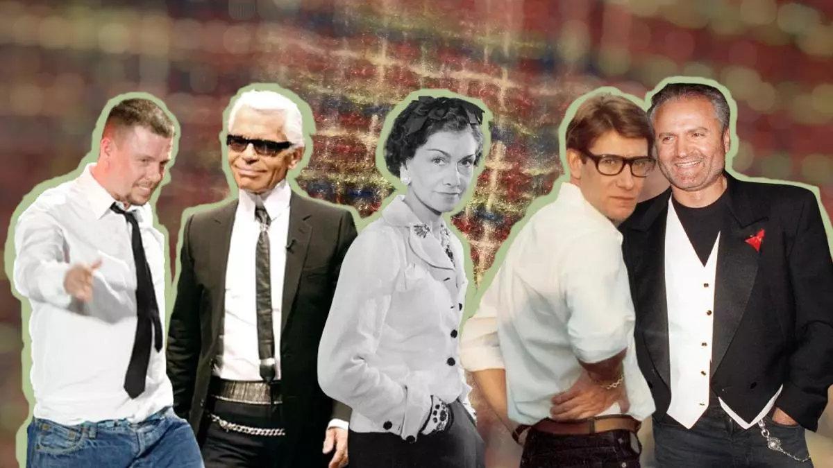 De izquierda a derecha, Alexander McQueen, Karl Lagerfeld, Gabrielle Coco Chanel, Yves Saint Laurent y Gianni Versace.