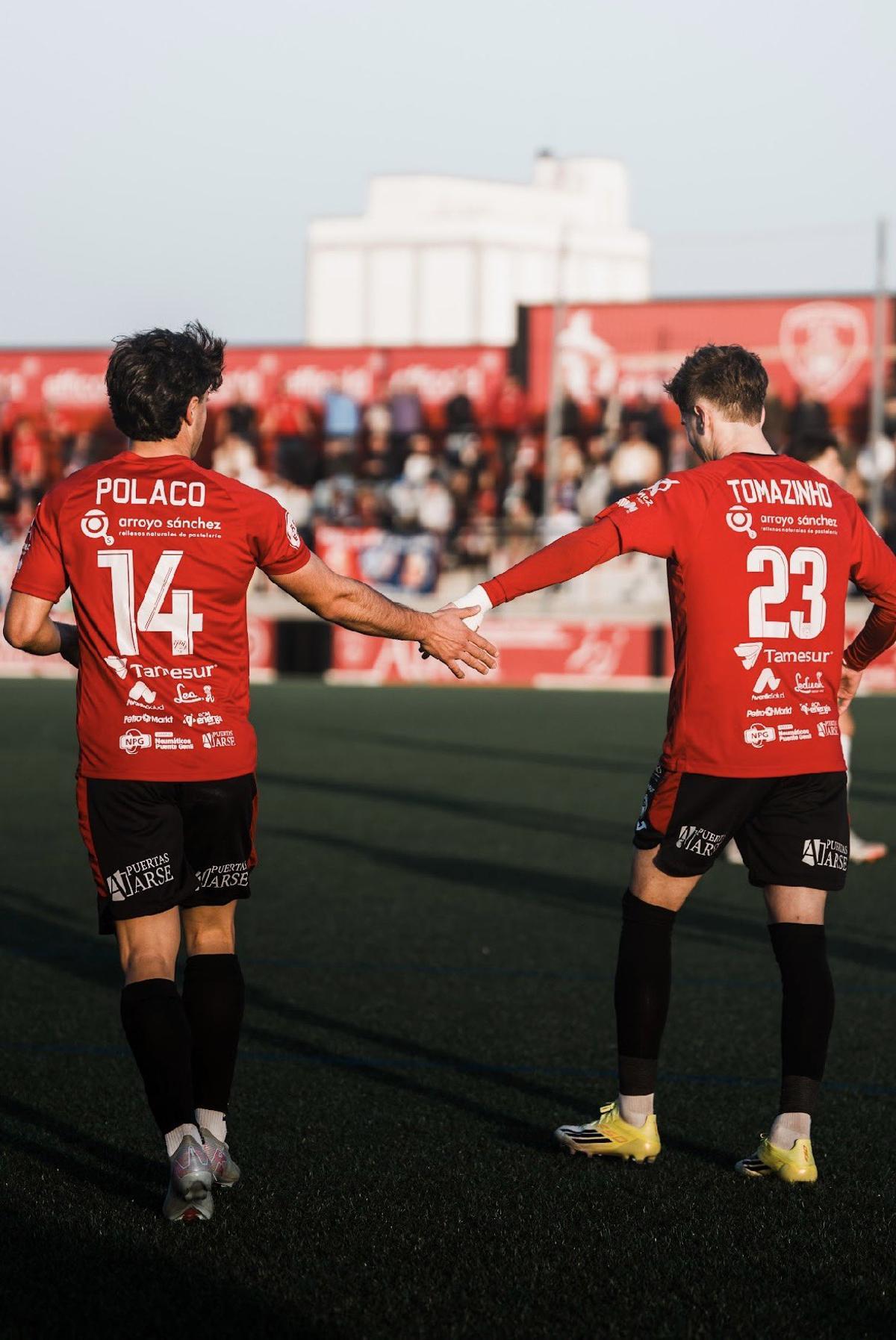 Polaco y Tomazinho, jugadores del Salerm, se dan la mano en uno de los encuentros del conjunto pontanés.