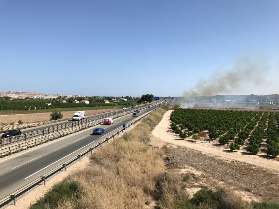 Los bomberos extinguen un incendio de matorral junto a la AP-7