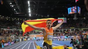 Torun (Polonia), 22/03/2026.- El español Mariano García reacciona tras la final masculina de 1.500 metros del Mundial de Atletismo en pista cubierta en el Kujawsko-Pomorska Arena de Torun, Polonia, 22 de marzo de 2026. (Mundial de Atletismo, Polonia, España)