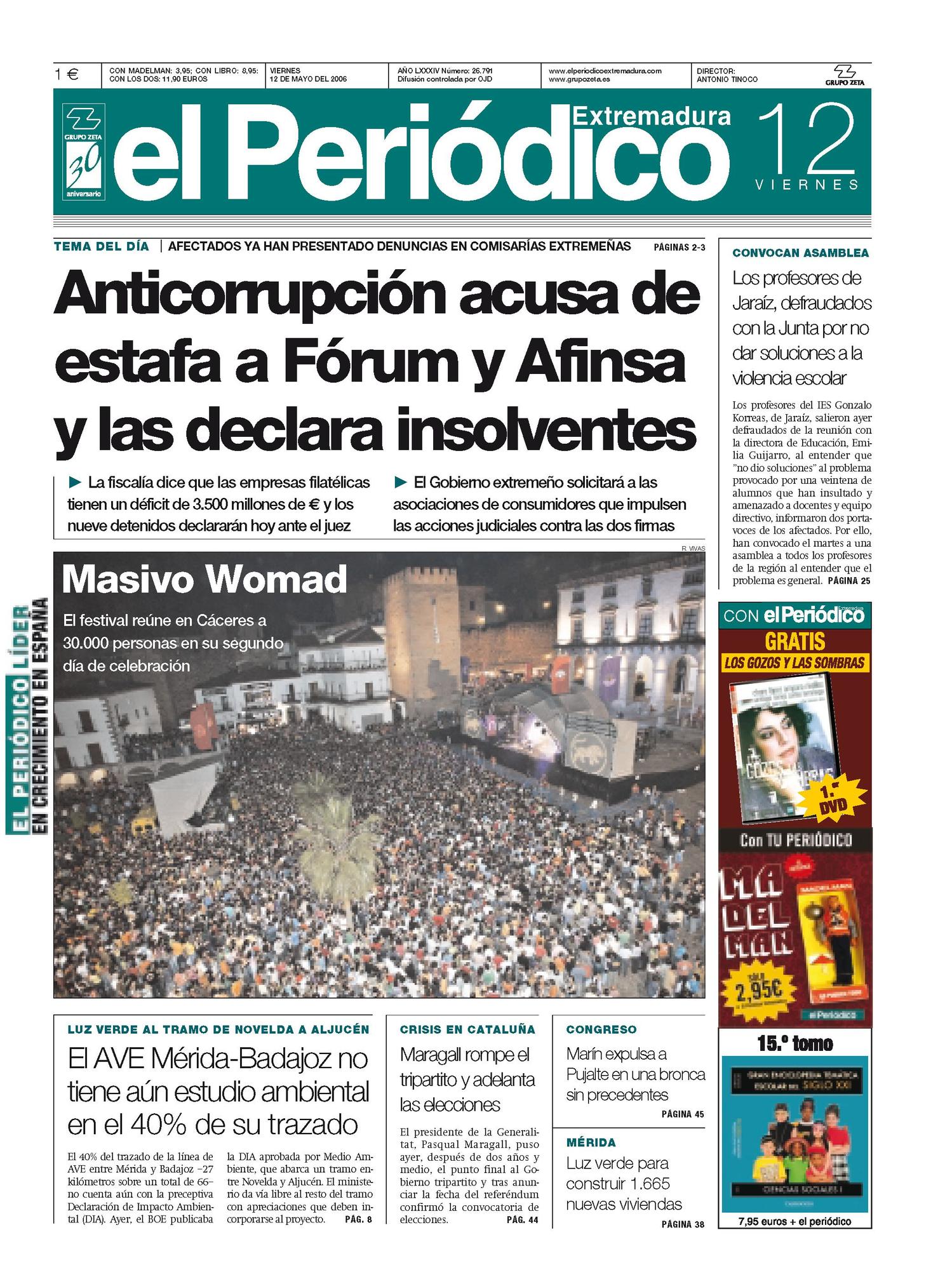 Portada de El Periódico Extremadura el 12 de mayo de 2006.