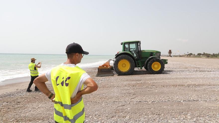 Un instante de las obras para nivelar la playa de Sagunt.