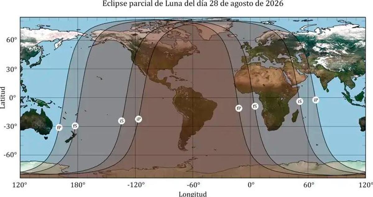 Mapa de dónde se podrá observar el eclipse lunar