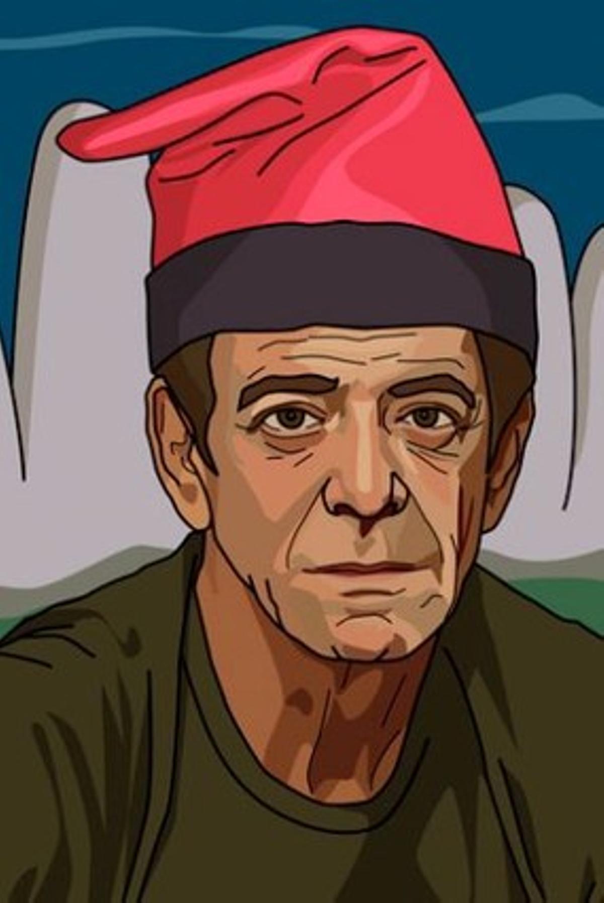 Un dibuix de Lou Reed amb barretina i una muntanya que recorda Montserrat de fons. Un dibuix de Lou Reed amb barretina i una muntanya que recorda Montserrat de fons.