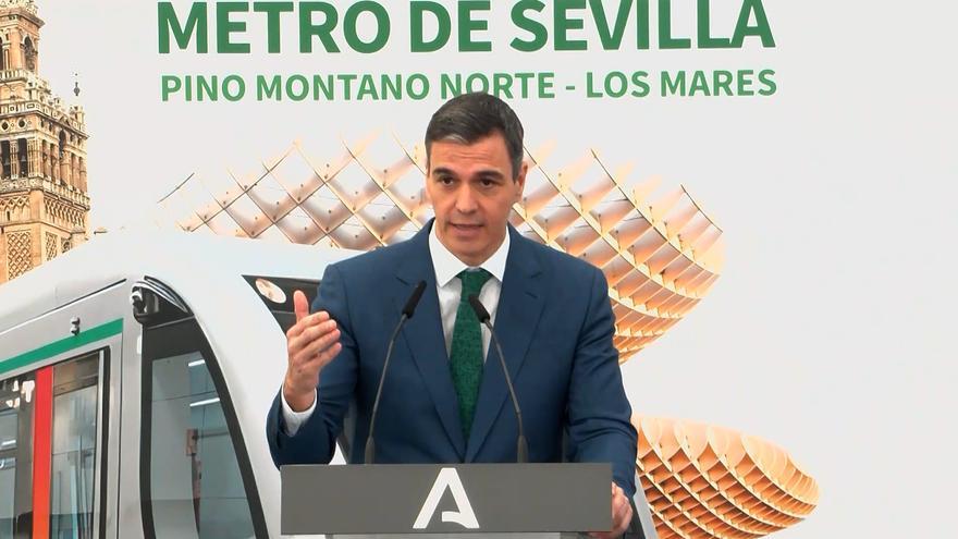 Pedro Sánchez interviene en el acto de colocación de la primera piedra de las obras de la línea tres del metro de Sevilla