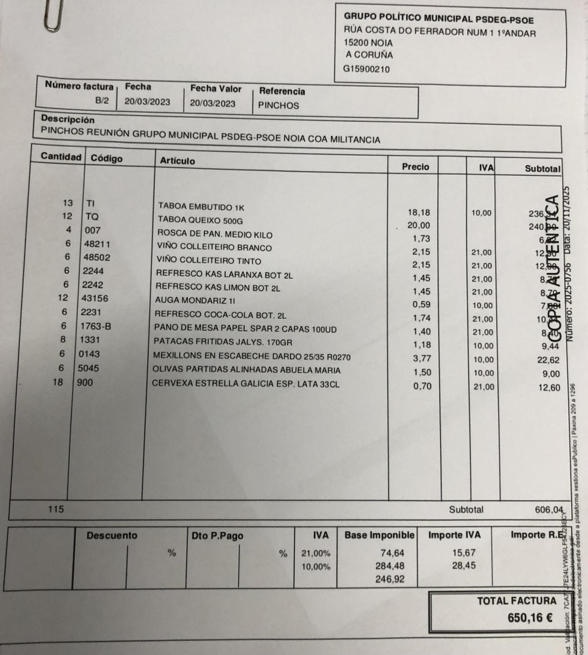 Factura de 650,16 euros que el PSOE de Noia cargó al Concello por "pinchos" en una "reunión con la militancia".