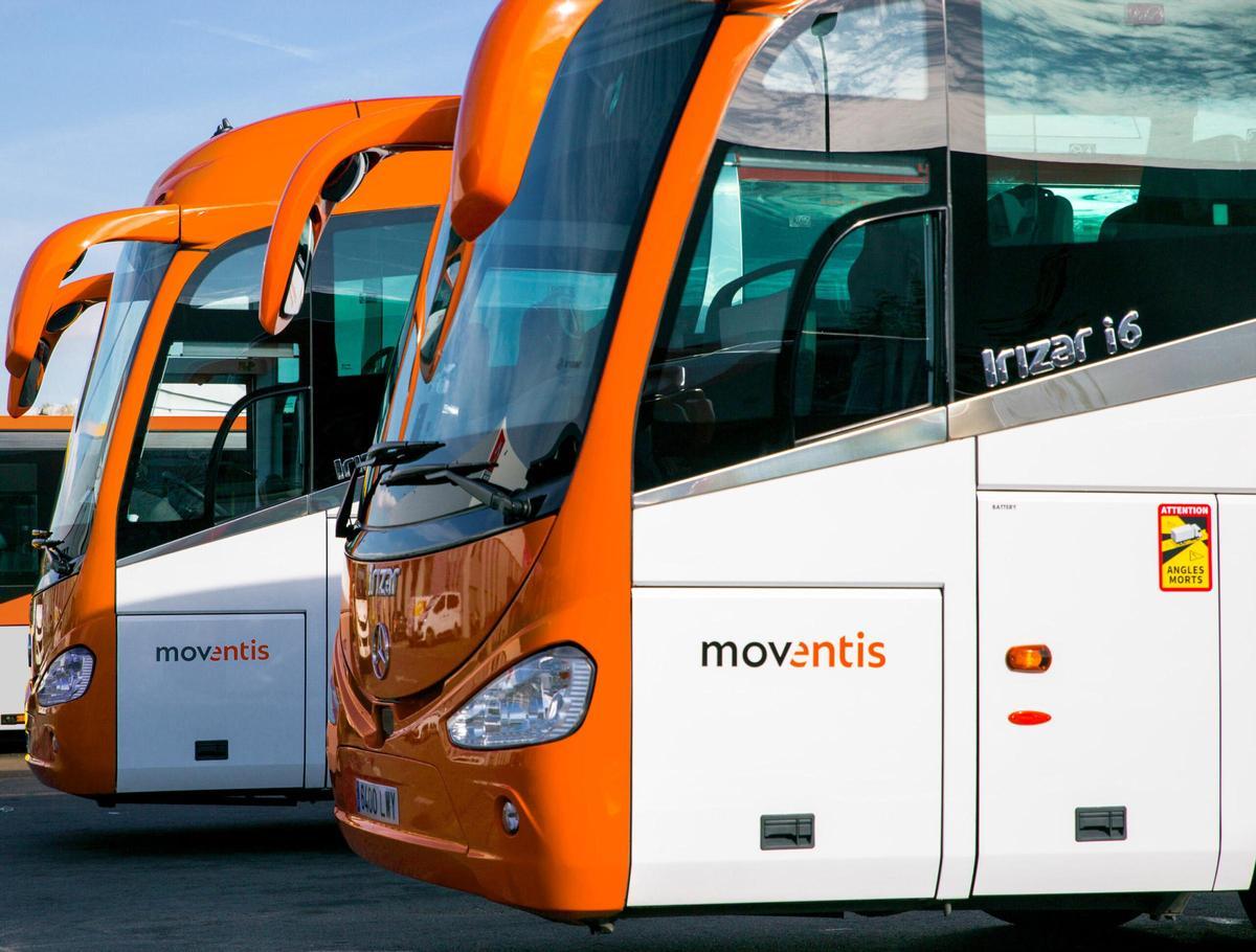 Varios vehículos de Moventis, la división de autobuses de Moventia.