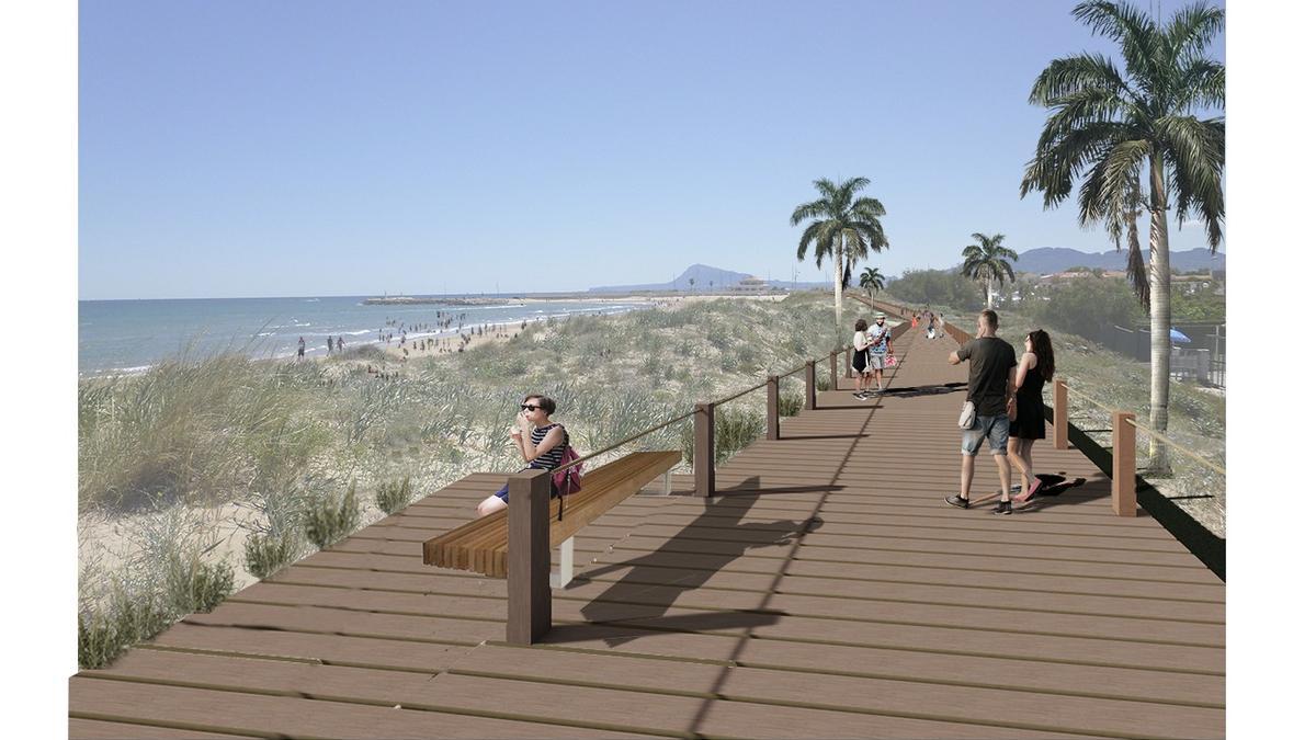 Una recreación de la pasarela flotante sobre las dunas litorales que Oliva ha diseñado, con la silueta del Montgó al fondo.