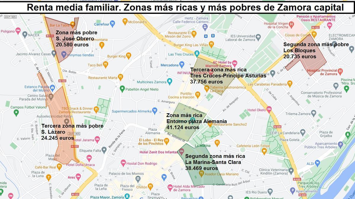 Mapa de las zonas más ricas y pobres de Zamora capital