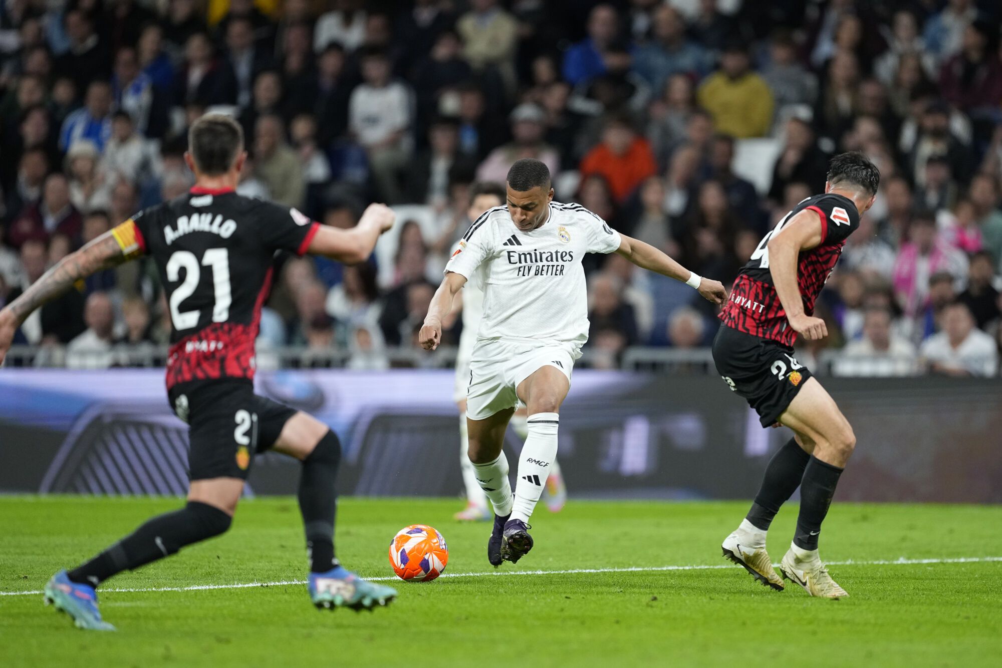 Kylian Mbappe of Real Madrid in action during the Spanish League, LaLiga EA Sports, football match played between Real Madrid and RCD Mallorca at Santiago Bernabeu stadium on May 14, 2025, in Madrid, Spain. AFP7 14/05/2025 ONLY FOR USE IN SPAIN. Oscar J. Barroso / AFP7 / Europa Press;2025;SOCCER;SPAIN;SPORT;ZSOCCER;ZSPORT;Real Madrid v RCD Mallorca - LaLiga EA Sports;