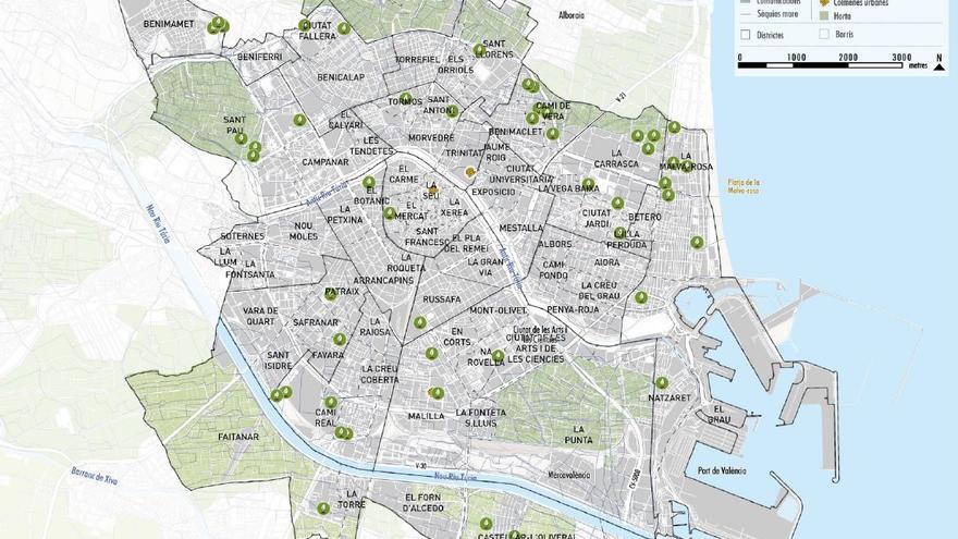 Mapa de los principales huertos urbanos de València