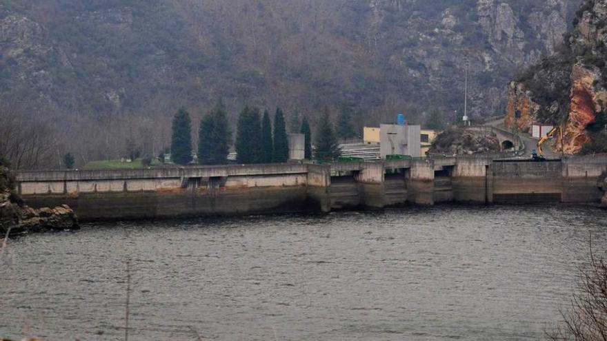 La presa del pantano de Rioseco, con la depuradora de Cadasa al fondo, esta semana.