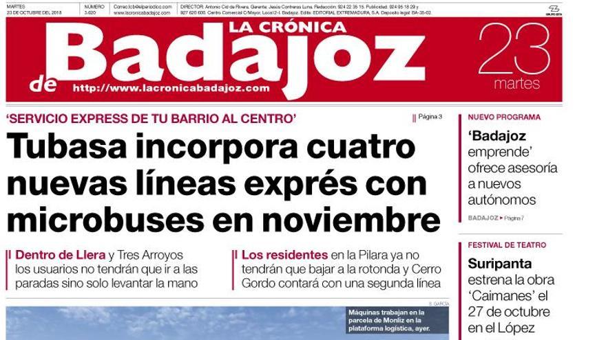 Esta es la portada de LA CRÓNICA DE BADAJOZ correspondiente al día 23 de octubre del 2018