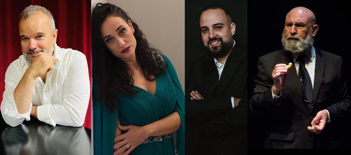 De izquierda a derecha, el barítono Fernando Luigi Márquez (El Fantasma), la soprano Laura Sánchez (Christine), el tenor Andrés Pino (Raoul) y el narrador Antonio Caparrós.