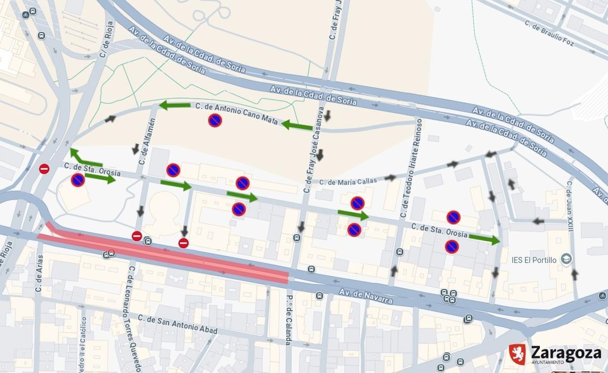 Plano del área afectada por los trabajos de la segunda fase de la avenida Navarra de Zaragoza.