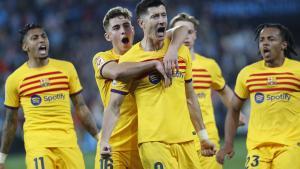 Lewandowski celebra el gol del triunfo del Barça en Balaídos.
