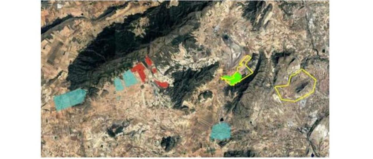 En verde la ubicación de PSF Serol, en azul la PSF Elda, en rojo la PSF Carlit y en amarillo no se corresponde a un proyecto real.