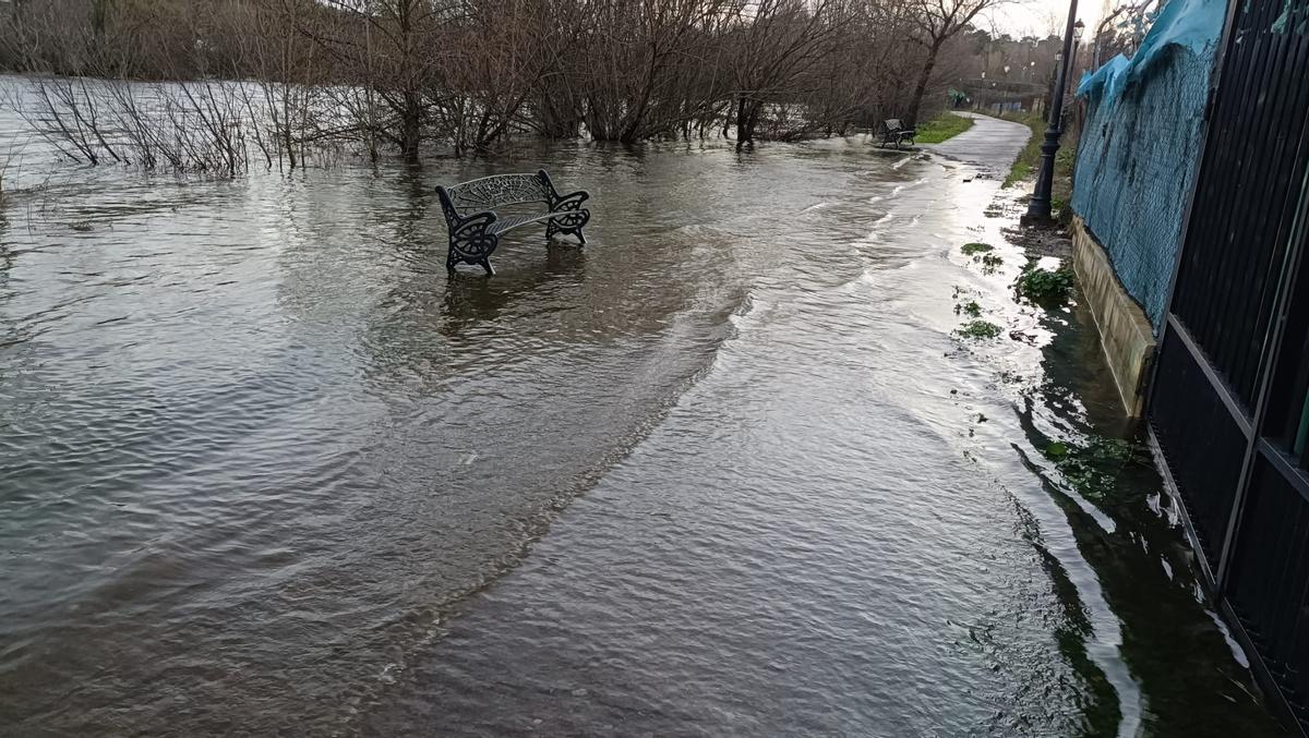 Paseo del río de Plasencia, lleno de agua.