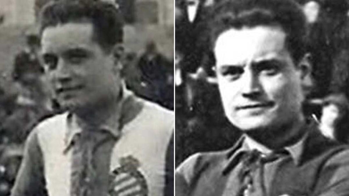 Dos imágenes de Luis Blanco Peyrona. Una con la camiseta del RCD Espanyo y otra con la del FC Barcelona