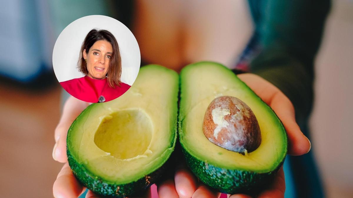 Imagen de la experta en etiqueta y protocolo María José Gómez y Verdú sobre una imagen de un aguacate partido por la mitad.