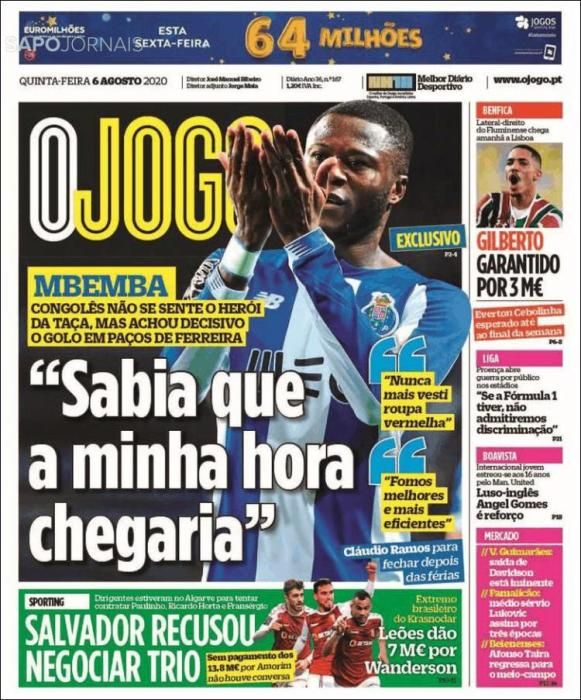 Portada O JOGO jueves 6 agosto 2020