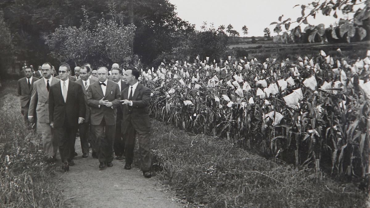 Visita a la MBG de Cirilo Cánovas, ministro de Agricultura (en el centro) en 1957
