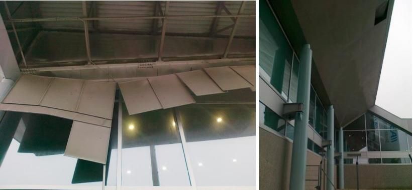 Algunas de las placas metálicas que se han caído del techo del aeropuerto de Vigo