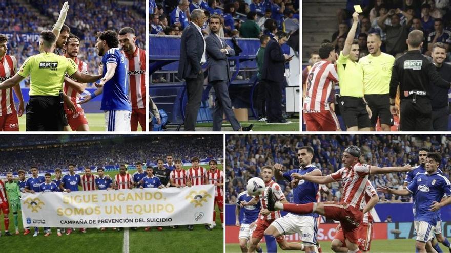 El bisturí del derbi asturiano: la lesión tras el primer gol, el tenso minuto 82, el "pulsómetro" de Larcamón y la imagen viral de Duñabeitia