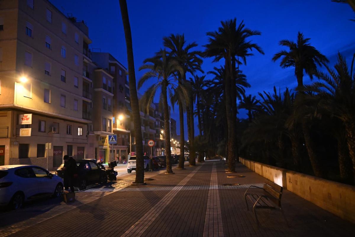 Entorno del huerto de palmeras de Puertas Coloradas a oscuras