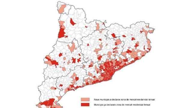 Municipios declarados como zona tensionada en Catalunya.
